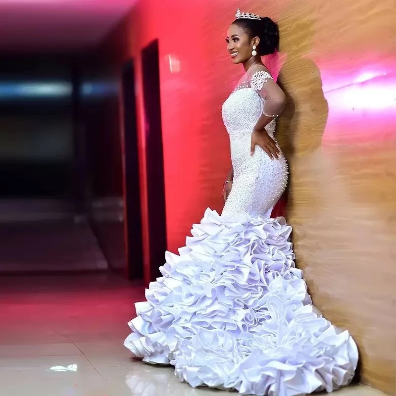 Luxury Pearls Mermaid Wedding Dress 2024 Sheer Neck Three Quarter Sleeve Ruffles Bridal Gowns African Vestidos De Noiva