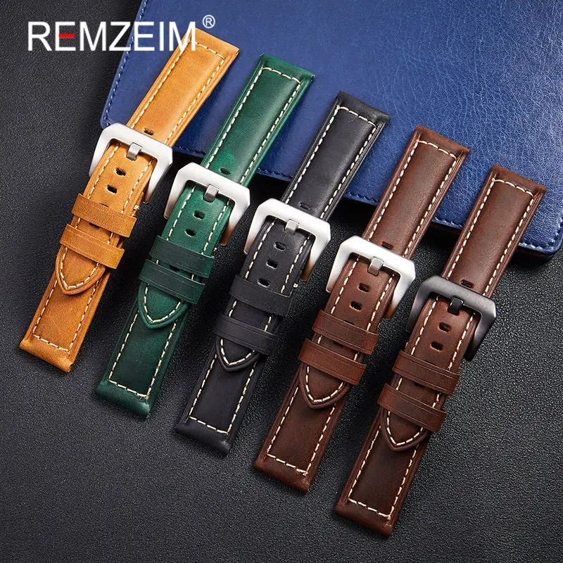 Assista Bandas 20mm 22mm 24mm 26mm Handmade Crazy Horse Leather Strap Mulheres Homens Cowhide Banda Acessórios Fivela de Aço Verde 231214