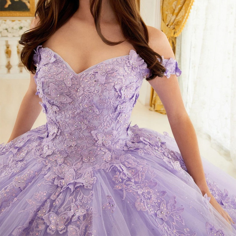 Romantic Butterfly lilac lavender Quinceanera Dresses Off the Shoulder Caftan Beaded Lace-up corset prom Sweet 16 Dress Vestidos