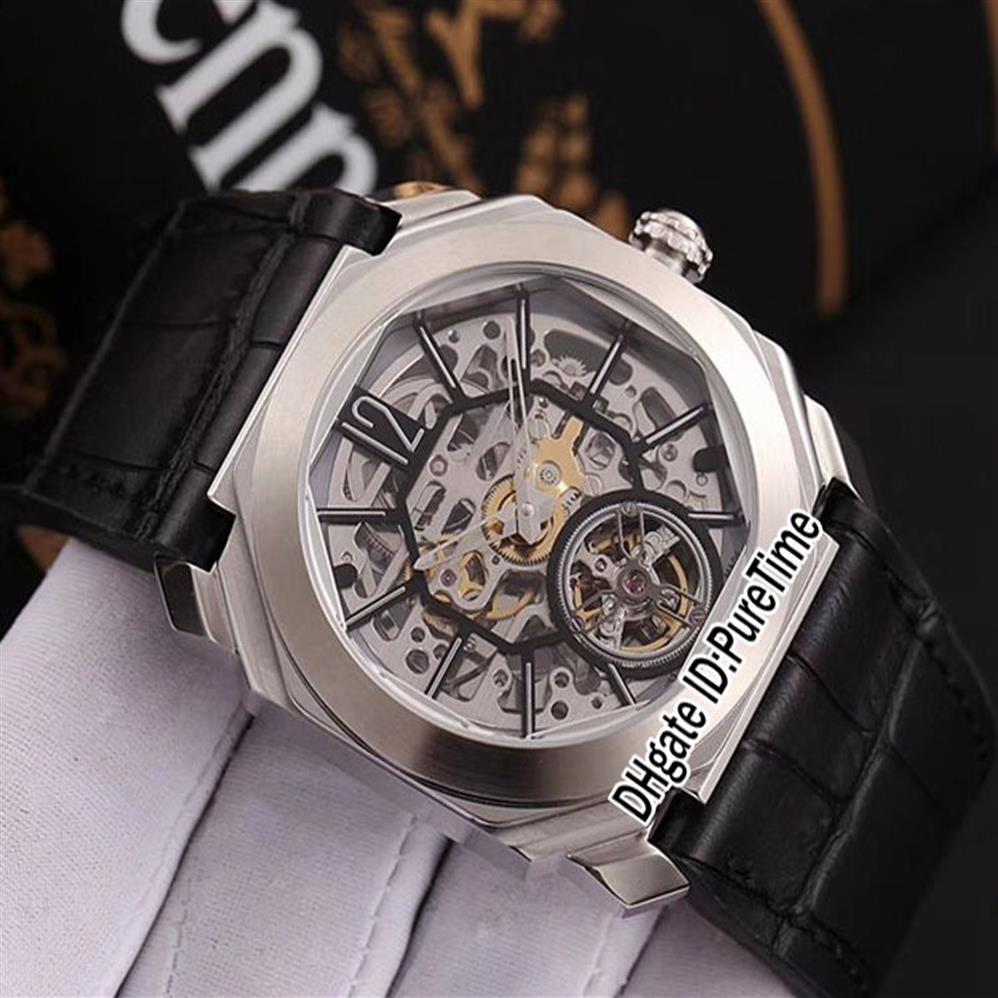 NOWOŚĆ 42 mm Octo Finissimo Tourbillon 102946 STAL CASE SKELETON Dial Mechaniczne automatyczne męskie zegarek Sport Skórzanie 3 Style Watches220g