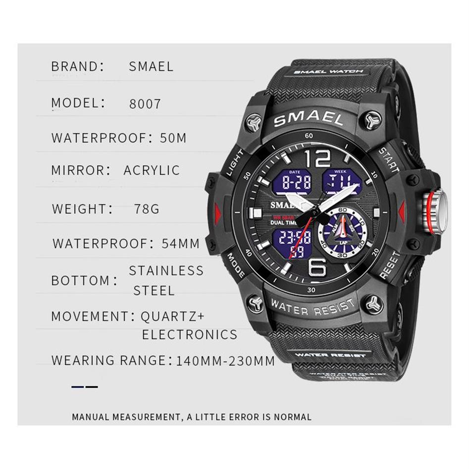 SMAEL Dual Time Mannen Horloges 50m Waterdichte Militaire Horloges voor Mannelijke 8007 THOCK Resisitant Sport Horloges Geschenken Wtach 220421232n