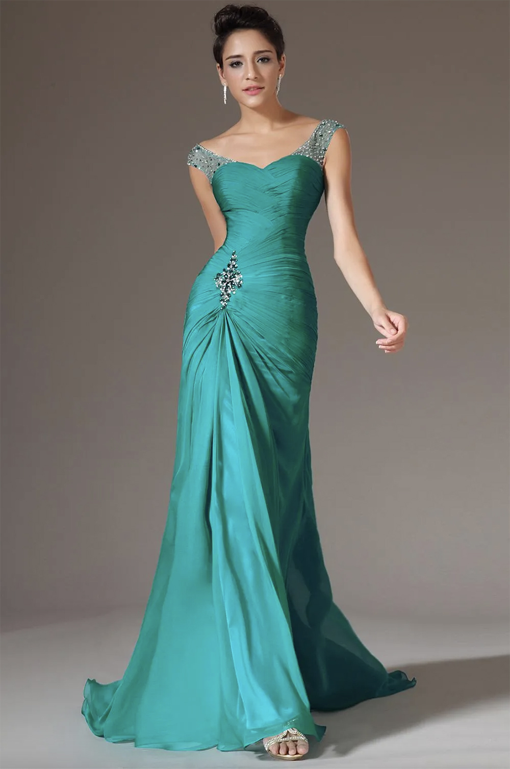 2023 Ny design Bestförsäljande sjöjungfru V-hals svep Train Chiffon Cap Sleeve Prom Dresses Pärlade veck rabatt prom klänningar formella aftonklänningar