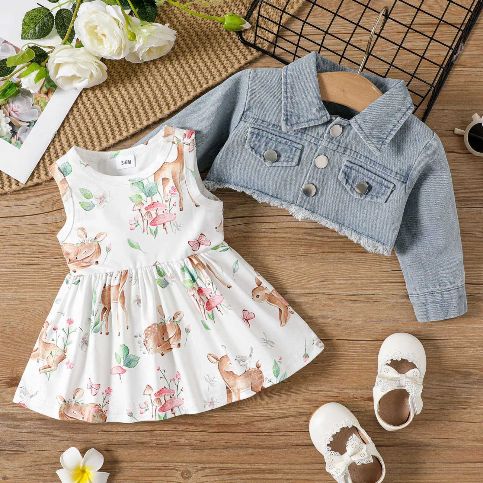 Clothing Sets Newborn Girls Long Sleeve Denim Jacket Cartoon Fn Prints Ruffles Dress Two Piece Outfits Sets For Girls Outfit Sets 3 6 12 24M R231215