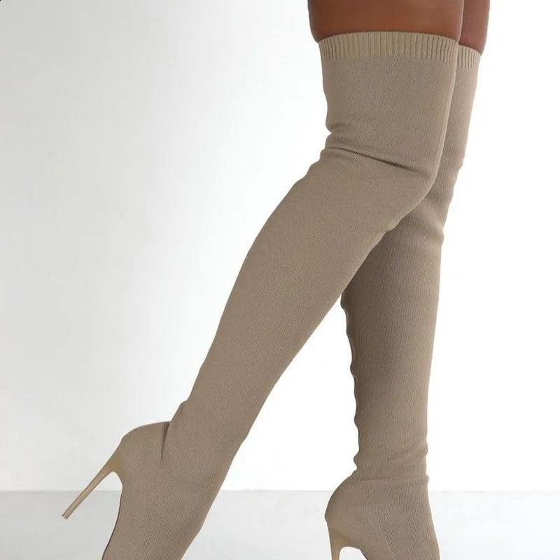 Bottes dames chaussettes sur le genou femmes tissus extensibles talon haut sans lacet chaussures bout pointu femme longue taille 3643 231214