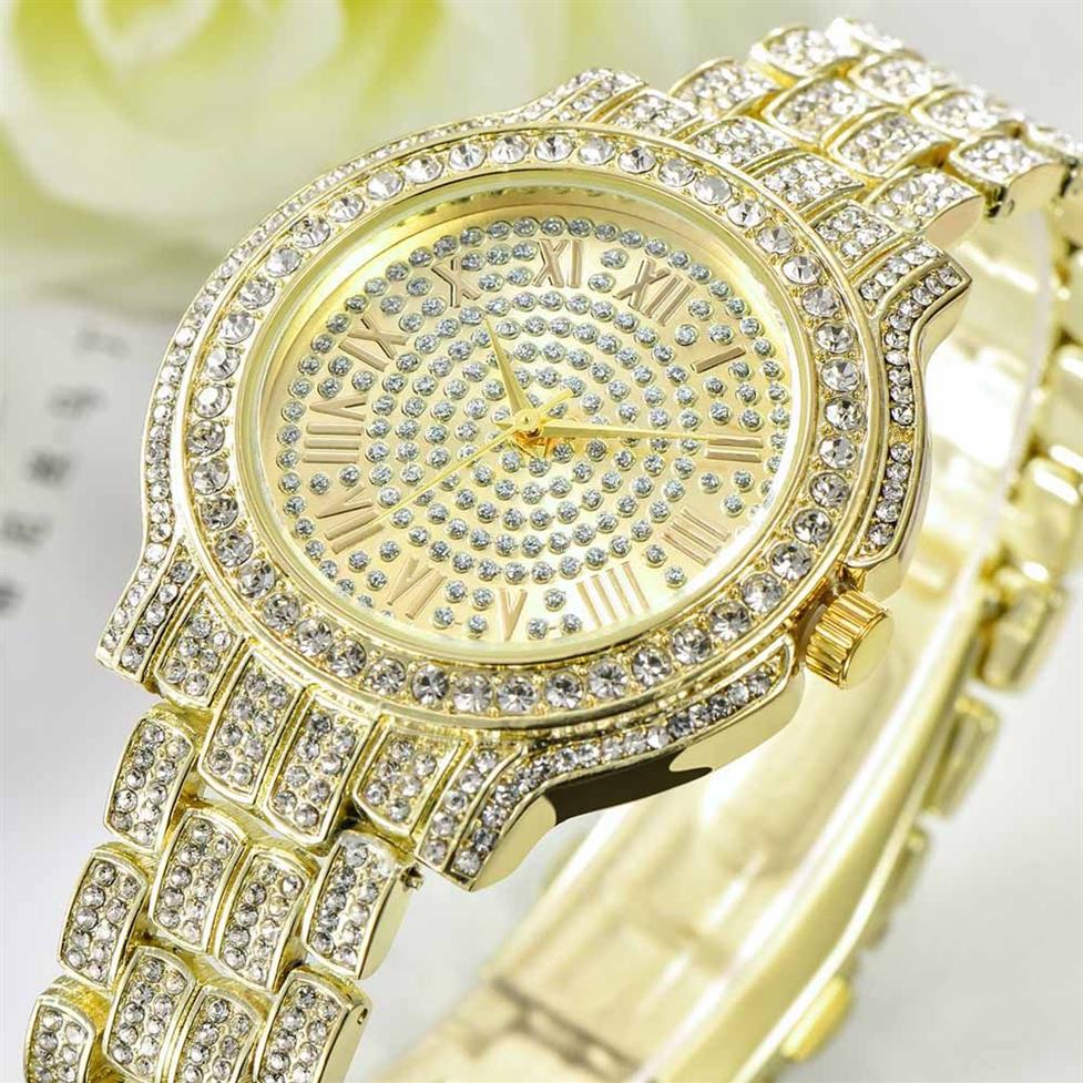 Roestvrij Staal Mannen Vrouwen Horloges Mode Glanzende Volledige Diamant Datum Quartz Horloge Unisex Horloges Bing Bling Hip Hip Horloge G245n