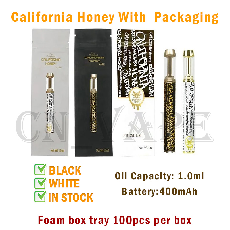 NOUVEAU Miel de Californie avec boîte Stylos jetables 1,0 ml Vaporisateurs en or noir Cigarettes électroniques vides Batterie rechargeable Goût pur pour sac d'emballage d'huile épais