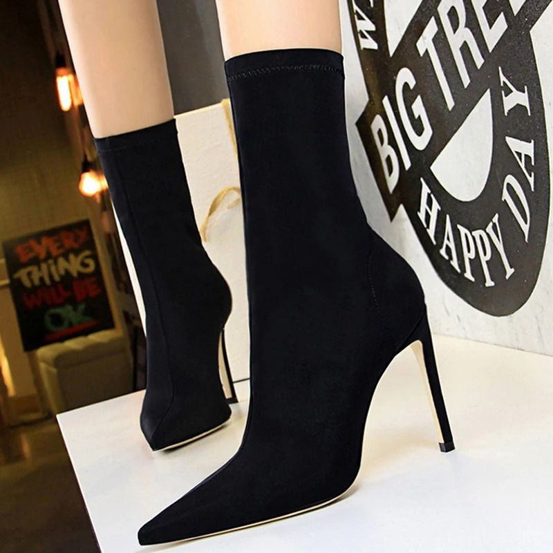 Stövlar BigTree Shoe Fashion Ankle Point Toe Stretch Autumn Stiletto Socks High Heels Ladies Shoes 231214