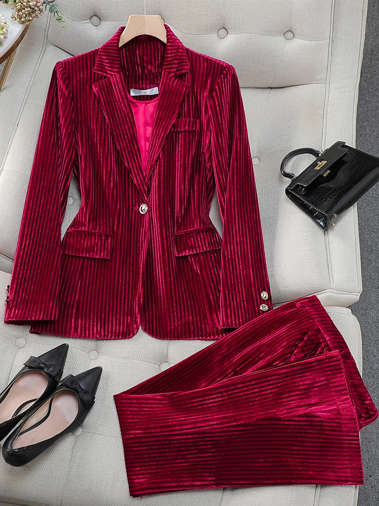 Women's Suits Blazers Fashion Red Green Black Blue Ladies Pant Suit Women Female Work Wear Formal Jacket Blazer and Trouser Striped Set 231214