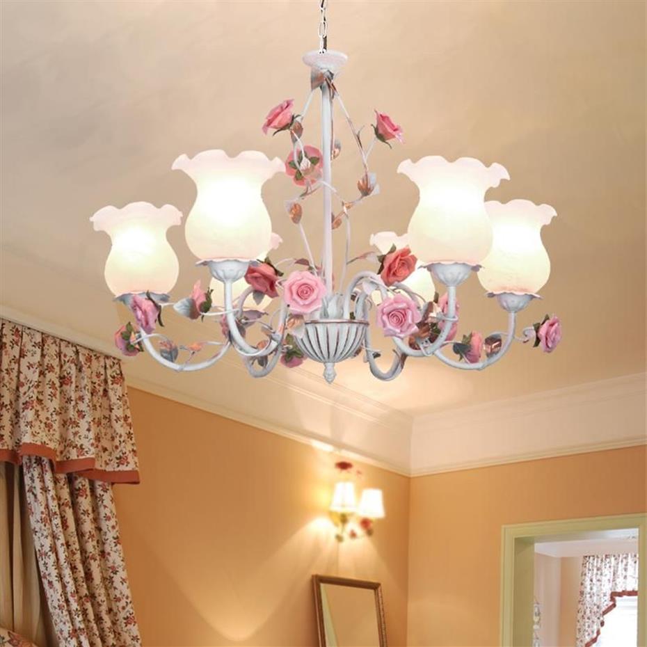 Lampy wiszące kwiatowy E27 LED żyrandol biały kwiat żelazny żyrandol z życiami jadalni Life Rose Light Lampa Girls Bedroom 285e