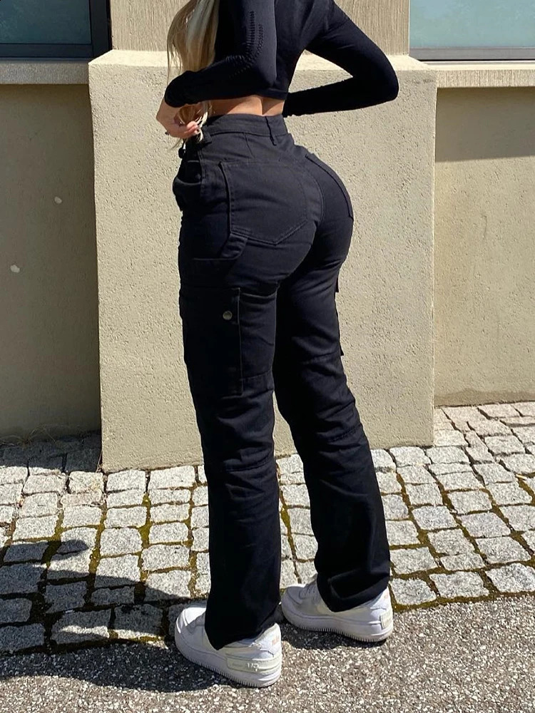 Jean femme Vintage Cargo pantalon taille haute salopette décontracté Baggy Y2k Streetwear Stretch jambe large Denim pantalon mode 231214