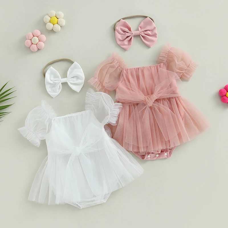 Rompers MA Baby 0-24m Princess Baby Girl Romper Nyfödd spädbarn Småbarn Tulle Jumpsuit +pannband Princess Birthday Puff Sleeve Outfitsl231114