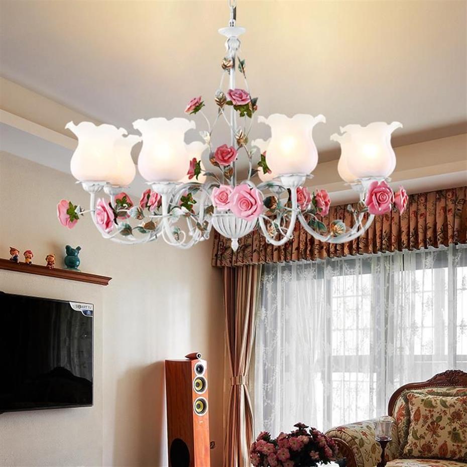 Lampy wiszące kwiatowy E27 LED żyrandol biały kwiat żelazny żyrandol z życiami jadalni Life Rose Light Lampa Girls Bedroom 285e