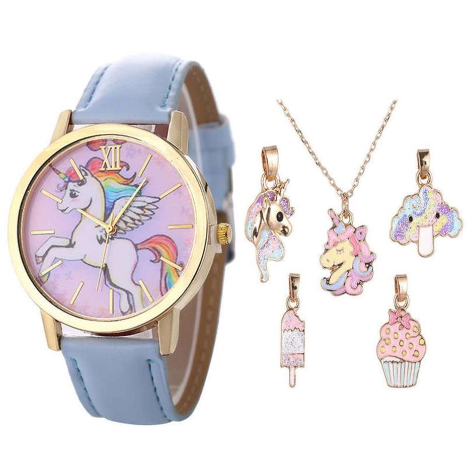 Reloj de tiro físico a la moda, 6 uds., pulsera con esfera de unicornio para niños de dibujos animados, collar de cuarzo, combinación opcional set287w