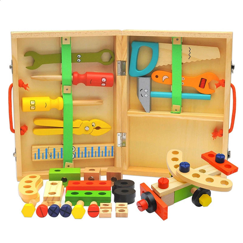 Tools Workshop Educational Montessori Kids Toys Wooden Toolbox Pretend Play Set Preschool Children Nut Screw Assembly Simulation Carpenter Tool 231214