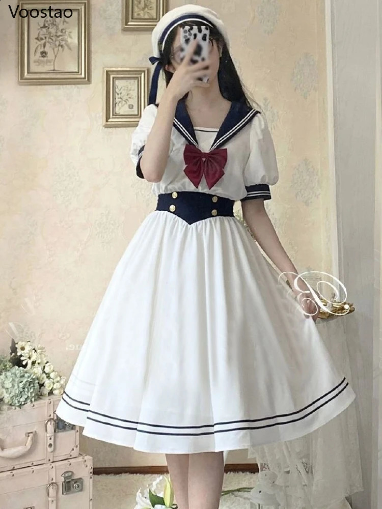 Abiti sexy urbani Sorella morbida giapponese Abito Lolita carino Donna Dolce manica a sbuffo Abiti slim studenti Party Retro Ragazze Arco Colletto Salior Abiti 231214