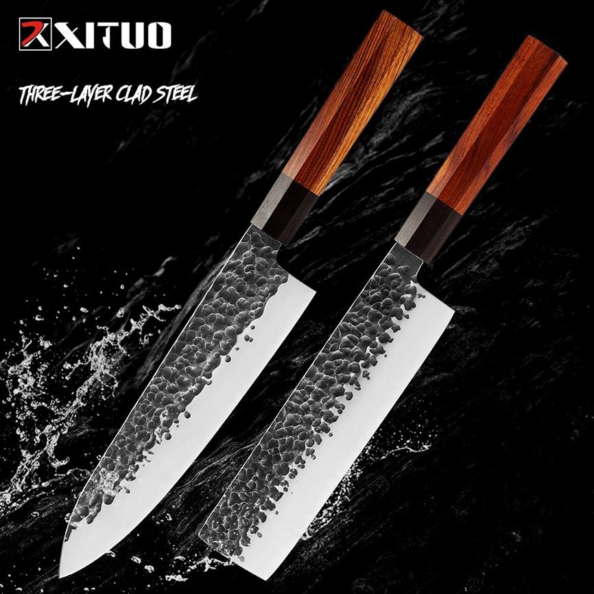 Chef en acier craqué à trois couches lnife octogone manche de marteau forgé d'origine Nakiri Lnife Kitchen Cuisine Couteaux Couteaux 233b