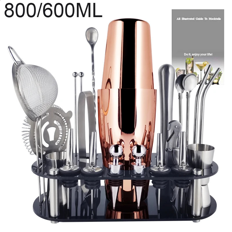 Outils de bar 1-noir rose or cocktail shaker ensemble barman kit avec mélangeur muddler verseur support recette en acier inoxydable bar shakers 231214