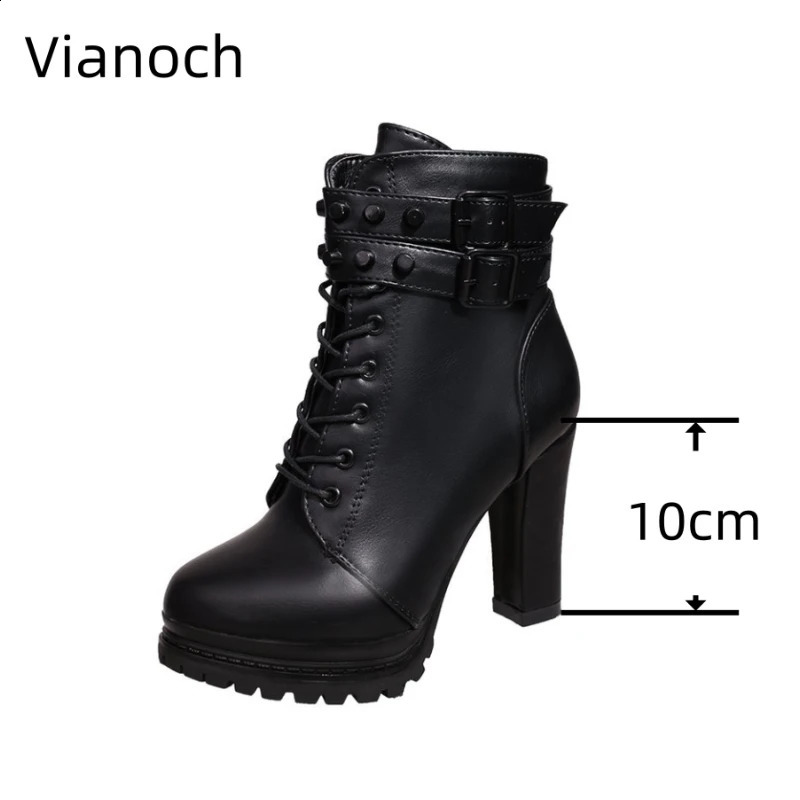 Bottes Mode Femmes Talons Hauts Paltform Automne Automne Hiver Cheville Noir Rivets Chaussures Épaisses Dame w0015 231214