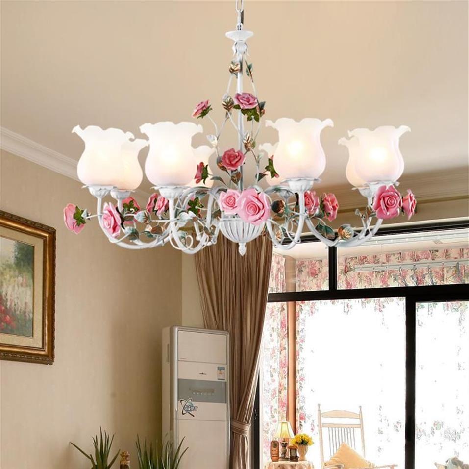 Lampy wiszące kwiatowy E27 LED żyrandol biały kwiat żelazny żyrandol z życiami jadalni Life Rose Light Lampa Girls Bedroom 285e