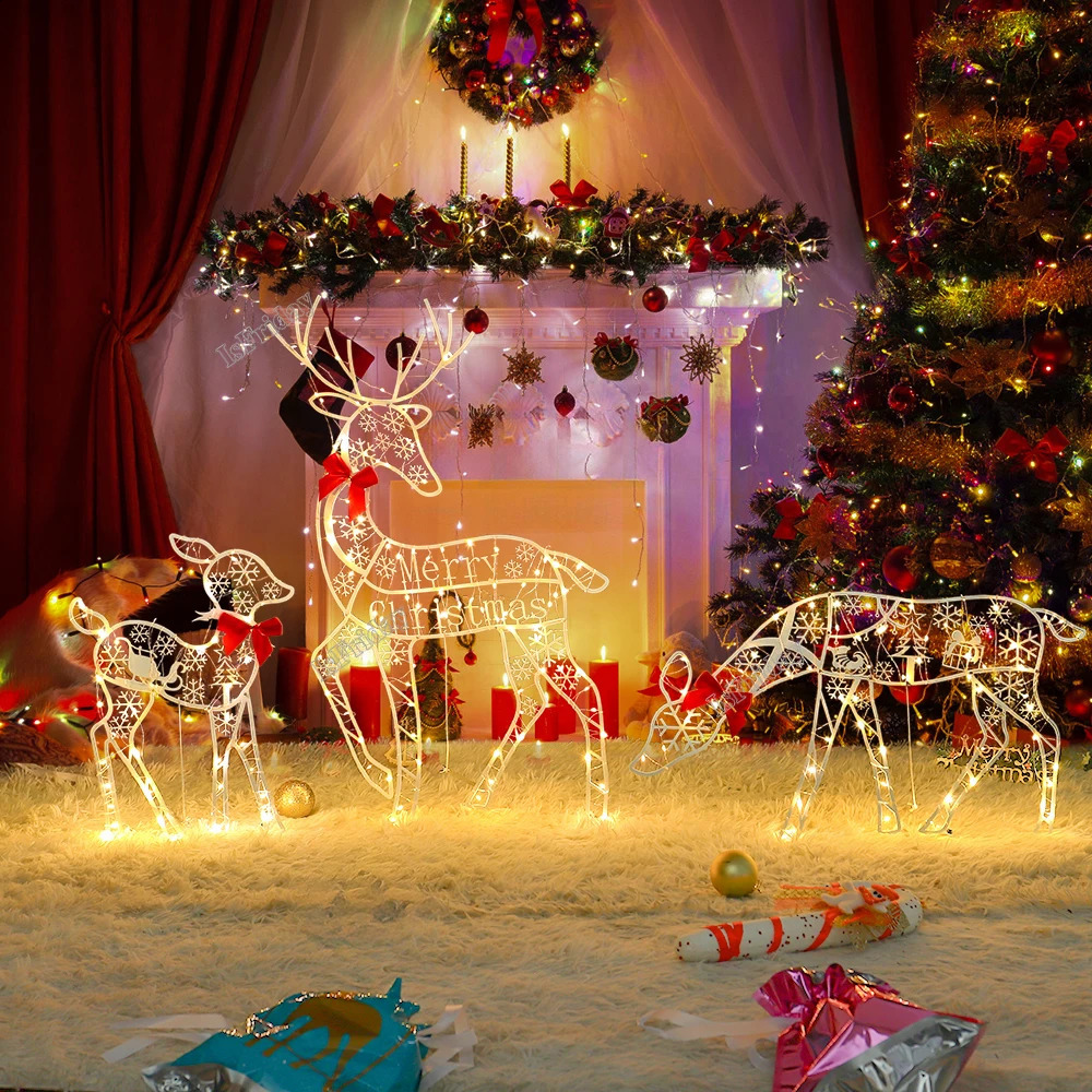 Décorations de jardin 3 pièces fait à la main fer Art wapiti cerf noël jardin décor LED lumière brillant paillettes renne noël maison extérieure cour ornement décor 231214