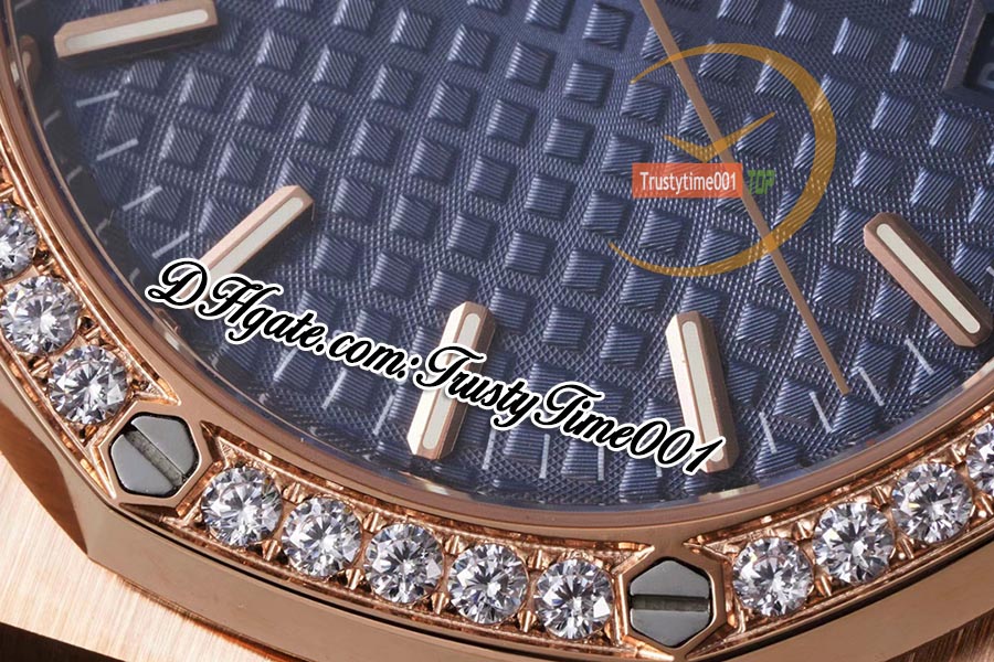 BFF 34 mm 77451 A5800 Reloj automático para mujer 50 aniversario Diamantes Bisel Oro rosa Esfera texturizada azul Pulsera de acero inoxidable Super edición trustytime001Watches