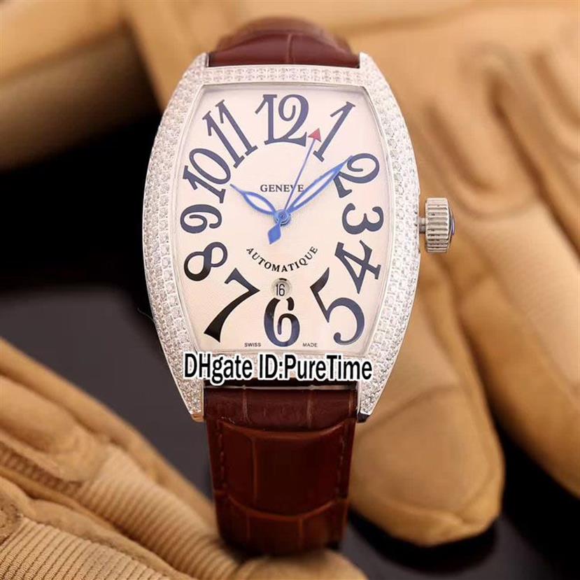 Versione Casablanca 8880 C DT Diamond Bezel quadrante bianco data automatica orologio da uomo cinturino in pelle marrone orologi sportivi Big Number292U