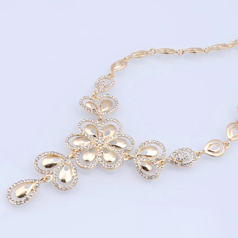 Italian Gold Color Crystal Flower Jewelry Set Necklace Earrings Ring Bracelet Bridal Wedding Gifts