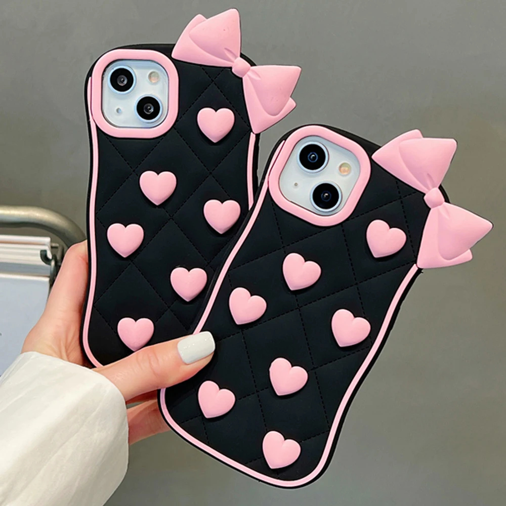 3D Söt Bowknot Heart Grid Soft Silicone Protective Phone Case för iPhone 11 12 13 14 15 Pro Max Lovely Girly Shell Phone Back Cover Case 