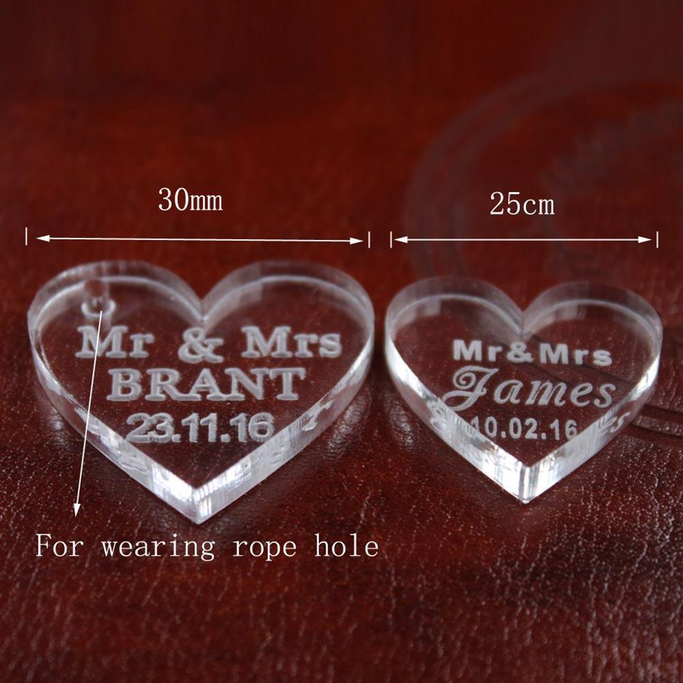 NewWhole-50 piezas Corazón de cristal personalizado MR MRS Amor Corazón Recuerdos de boda Decoración de mesa Centros de mesa Favors241I