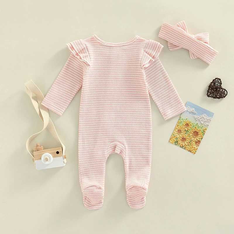 Macacão 0-9M Bebê Recém-nascido Roupas Menina Ruffle Baby Sleeper Zipper Footie Knit Romper Playsuit Macacão com Headband Outfit L231114