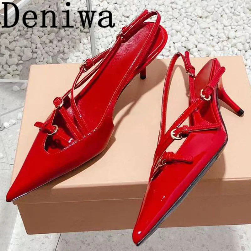 Kleid Schuhe Sexy Frauen High Heel Sandalen Runway Designer Rot Patent Leder Kätzchen Weibliche Außerhalb Sommer Party Mode 231214