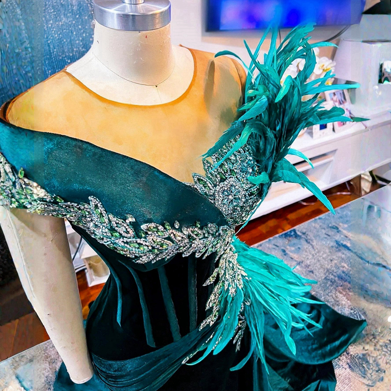 Hunter Green Feather Aso Ebi Vestidos de baile de veludo luxuoso sereia alta divisão vestidos formais de noite para ocasiões especiais vestidos árabes africanos festa de aniversário NL006