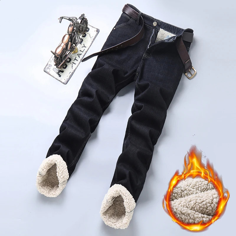 Heren Jeans Winter Warm Fleece Mannen 2023 Rechte Stretch Dikke Casual Thermische Denim Broek Mannelijke Zakelijke Werkbroek Kleding 231214