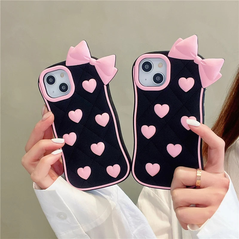 3D Söt Bowknot Heart Grid Soft Silicone Protective Phone Case för iPhone 11 12 13 14 15 Pro Max Lovely Girly Shell Phone Back Cover Case 