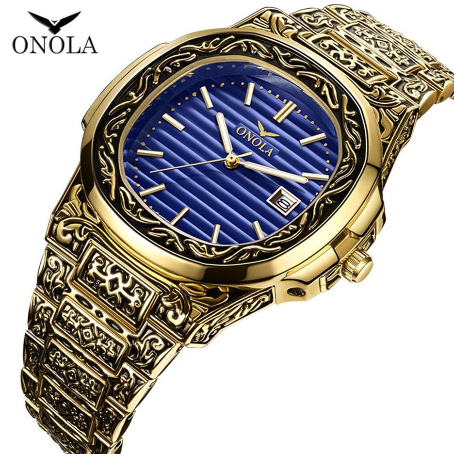 Klasyczny projektant Vintage Watch Men 2019 Onola Top Brand LUXURI Złota CopperWatwatch Fashion Formal Waterproof Quartz Unikalne męskie 283S