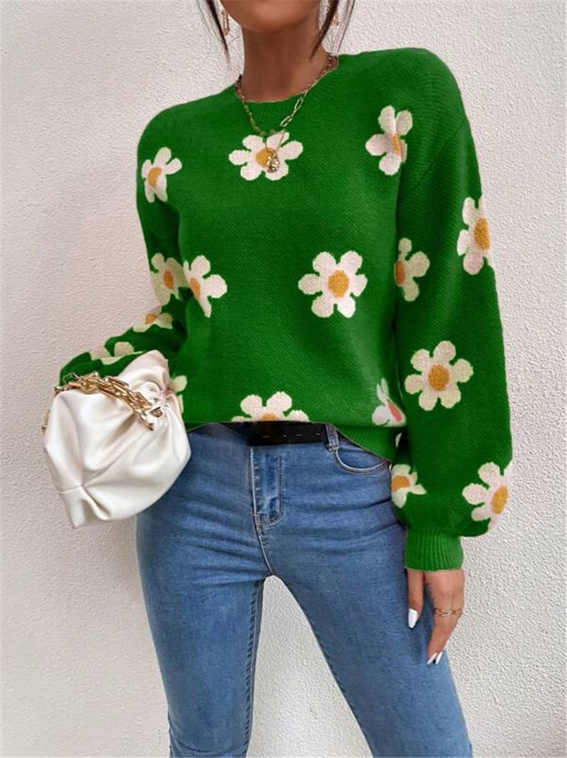 Autumn and Winter New Plant Flower Pattern Loose Pullover Knitted Crew-neck Sweater