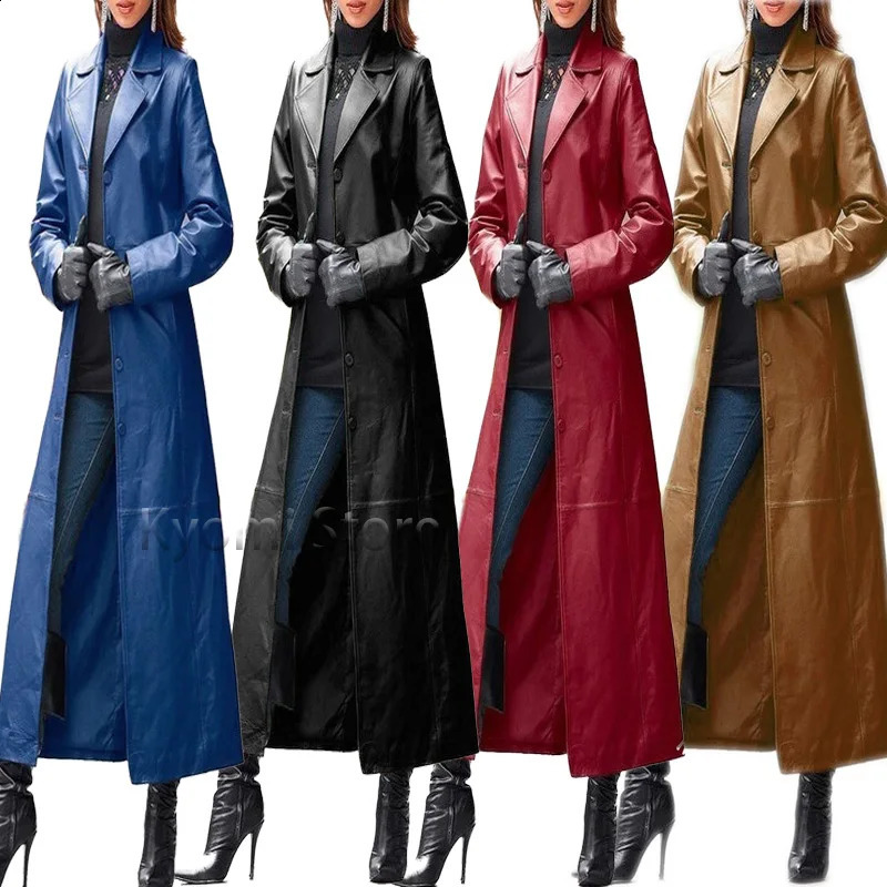 Veste en simili cuir pour femme vêtements longs Streetwear couleur unie Steampunk gothique revers motard S5XL femme Trench Coat 231214