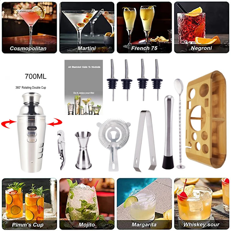 Outils de bar 12 pièces Boston Cocktail Shaker Bar outils ensemble Barware barman Shakers Kit Jigger mélangeur Muddler verseur cuillère avec support en bambou 231214