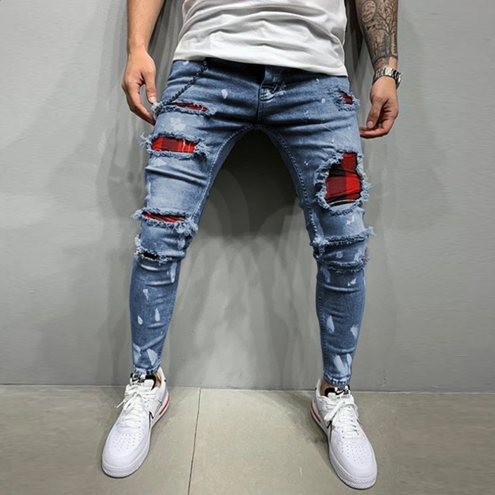 Mäns jeans vintage streetwear panelerade rippade casual denim byxor europeiska och amerikanska dragkedja magy 231214