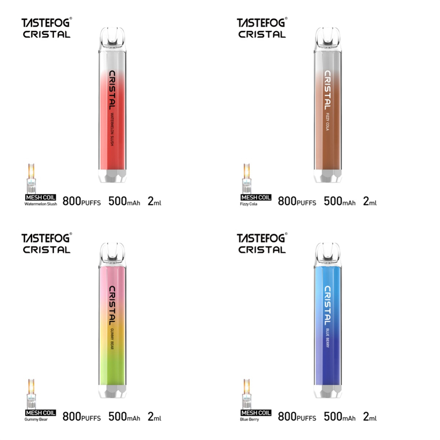 100% Authentieke Originele Tastefog Cristal 800 Puff Wegwerp Vape Pen Puffs 800 Elektronische Sigaret 2% 2ml 500mAh 10 Smaken Groothandelsprijs Met LED-licht Geen Belasting