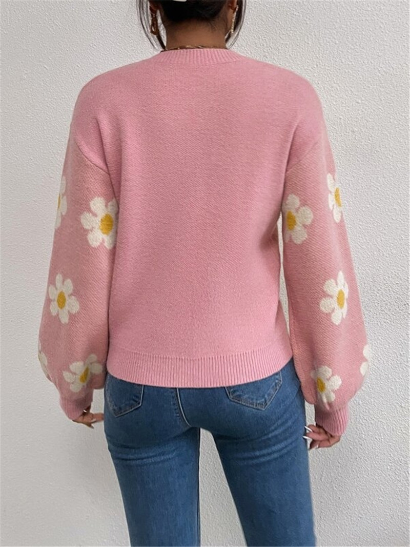 Autumn and Winter New Plant Flower Pattern Loose Pullover Knitted Crew-neck Sweater