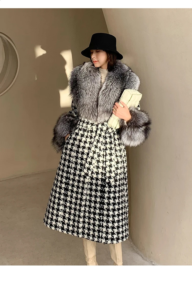 Pelliccia da donna Pelliccia sintetica da donna Misto lana scozzese Cappotto di vera pelliccia X-lungo Giacca invernale Super large Collo di pelliccia di volpe Polsini Tweed Cintura sottile da donna Spessa calda 231214