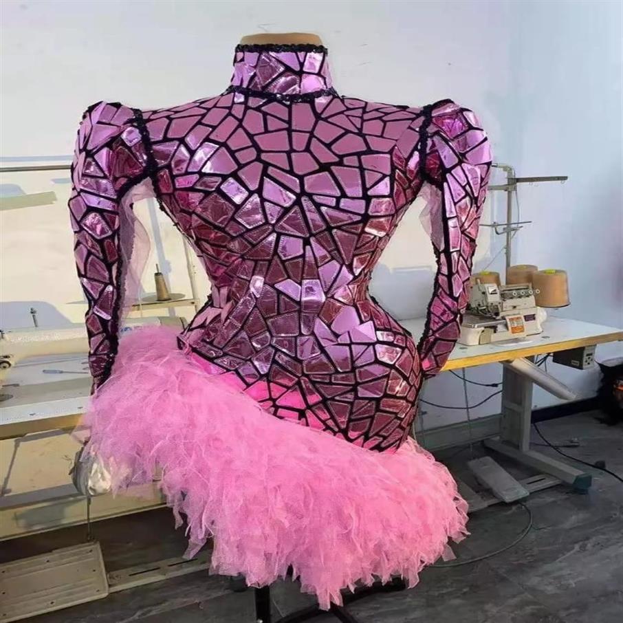 Party Decoratie Toneelkostuum Voor Zangeres Vrouwen Roze Spiegel Lange Mouw Jurk Backless Strakke Kant Sexy Prom Verjaardag Jurken Club 236I