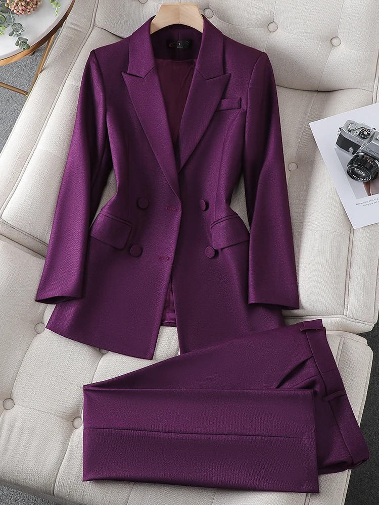 Abiti da donna Blazer Blu Viola Nero Blazer e pantaloni da donna Completo da ufficio Abbigliamento da lavoro da lavoro Set da 2 pezzi Giacca e pantaloni da donna a maniche lunghe 231214