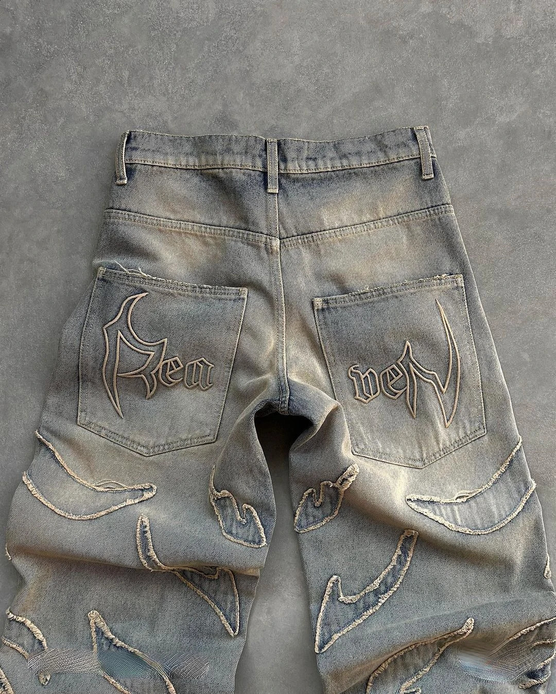 Jeans pour hommes 2023 Street Retro Raw Edge Broderie Baggy pour hommes Mode Hip Hop Modèle Femmes Patchwork Taille Haute Denim Pantalon Y2k 231214