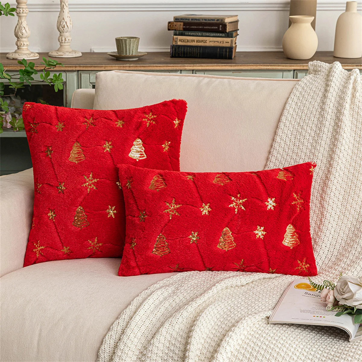 Taie d'oreiller Housse de coussin de Noël de 2 taies d'oreiller en peluche douce à paillettes brodées de flocons de neige pour lit décoratif pour la maison 231214