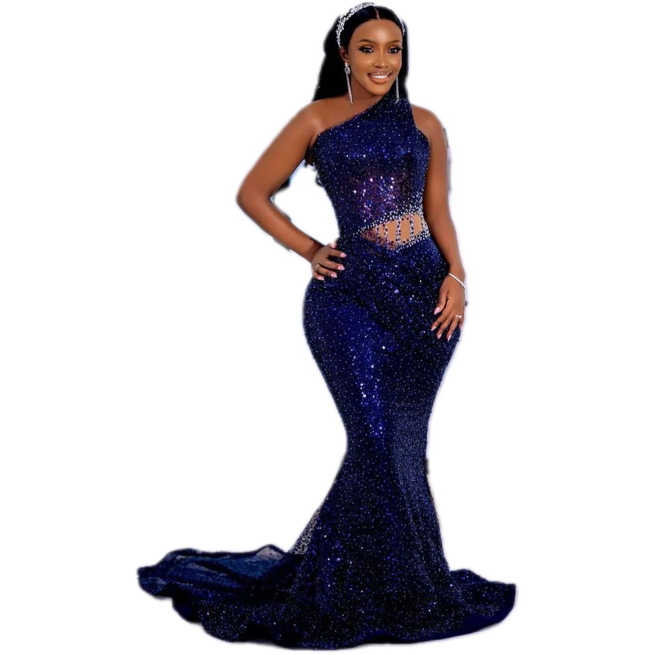 Nouveau luxe bleu royal sirène robe de bal une épaule paillettes illusion sexy robe de soirée formelle balayage train tapis rouge robe brillante