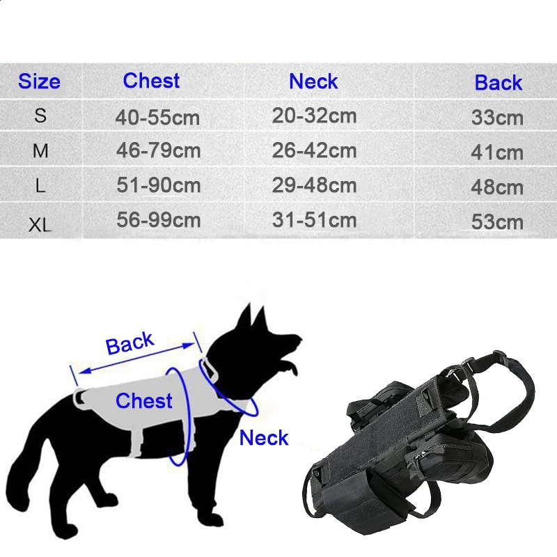 Hundhalsar Leases Tactical Dog Harness Militär No Pull Sele Harness Vest för medelstora stora hundar Träning Vandring Molle Dog Harness med påsar 231214