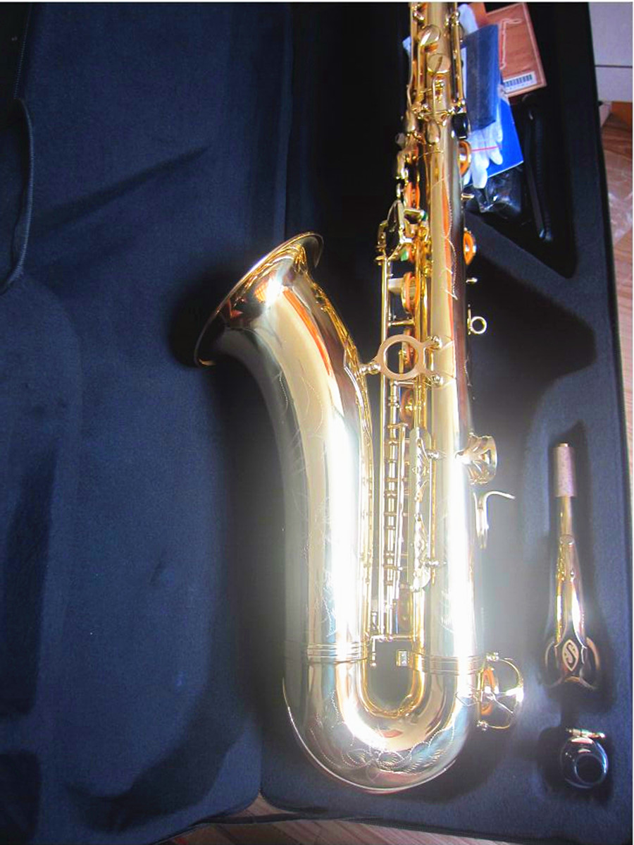 Helt ny professionell Mark VI Tenor Saxofon BB Tuned Gold Brass One till ett graverat mönster Jazzinstrument med falltillbehör