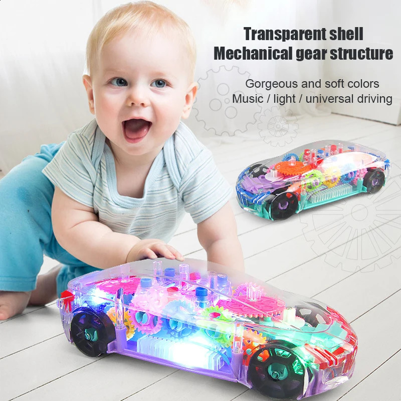 Bébé musique jouets sonores enfants clignotant voiture de course électrique lumière transparente coloré LED engrenage mécanique véhicule modèle lumineux enfants cadeau 231214